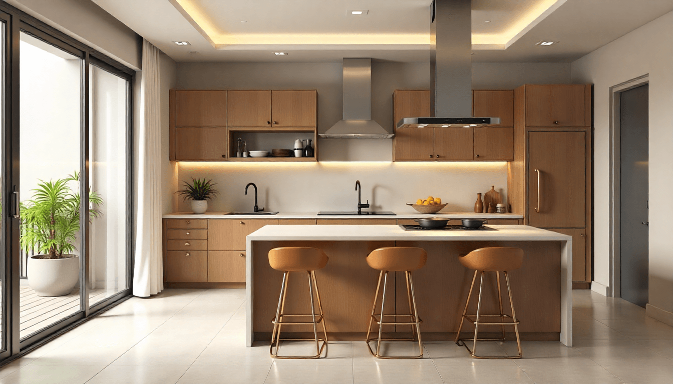 Modern modular kitchen interior rendered for HomeFix customers